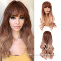 Brown Ash Long Wavy Synthetic Wig With Bangs